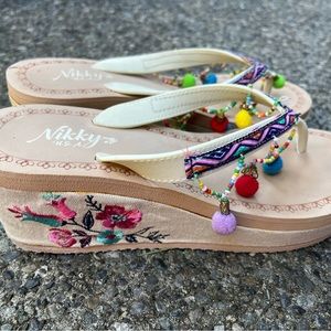 Boho  festive wedge  sandals with pom Pom and beads